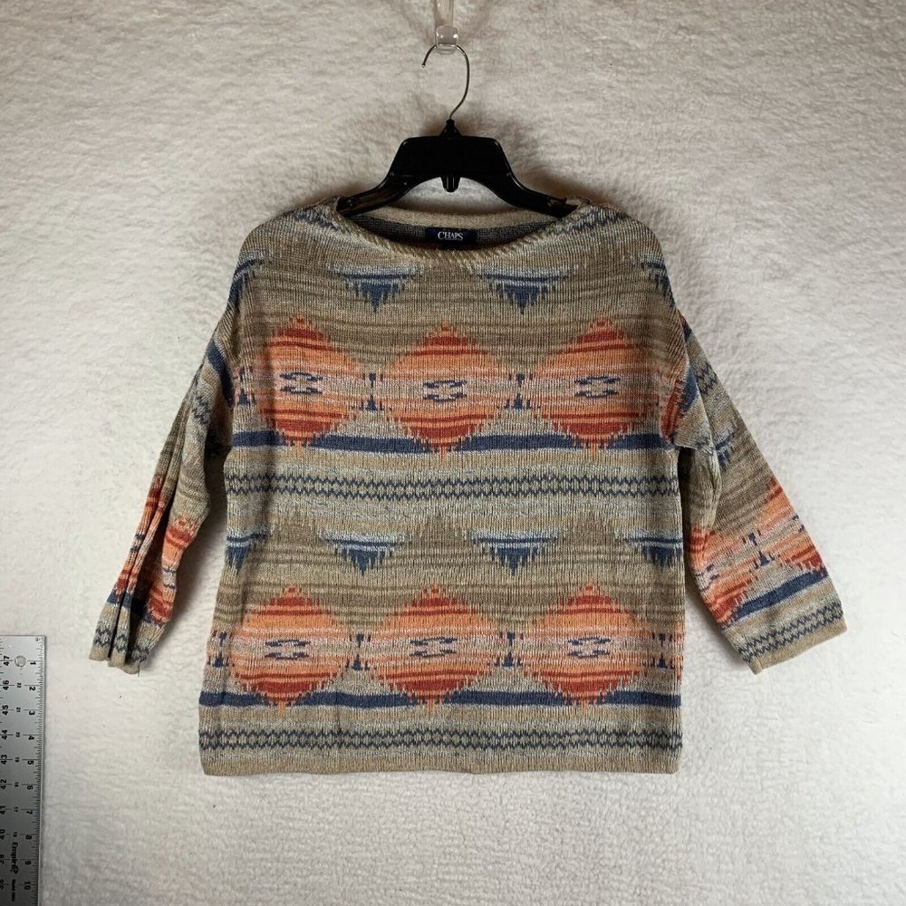 Chaps Sweater Women's Medium Aztec Geometric‎ Cotton Knit Boat Neck Western 7744